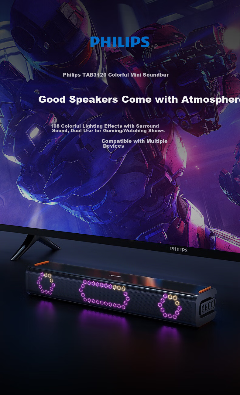 PHILIPS Soundbar RGB Mini 2.0 Channel TV Speaker Computer Gaming Wireless Bluetooth Desktop Speaker TAB3120/93 1