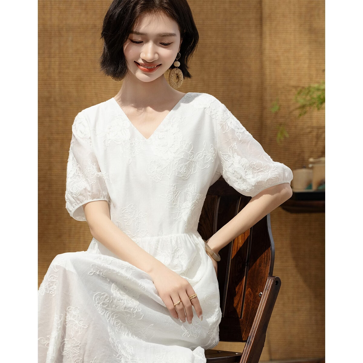 Demana Gentle Commuting Summer Lady Style Round Neck Mid Sleeve Embroidered Loose A-Line Slim Dress Women Premium Feel