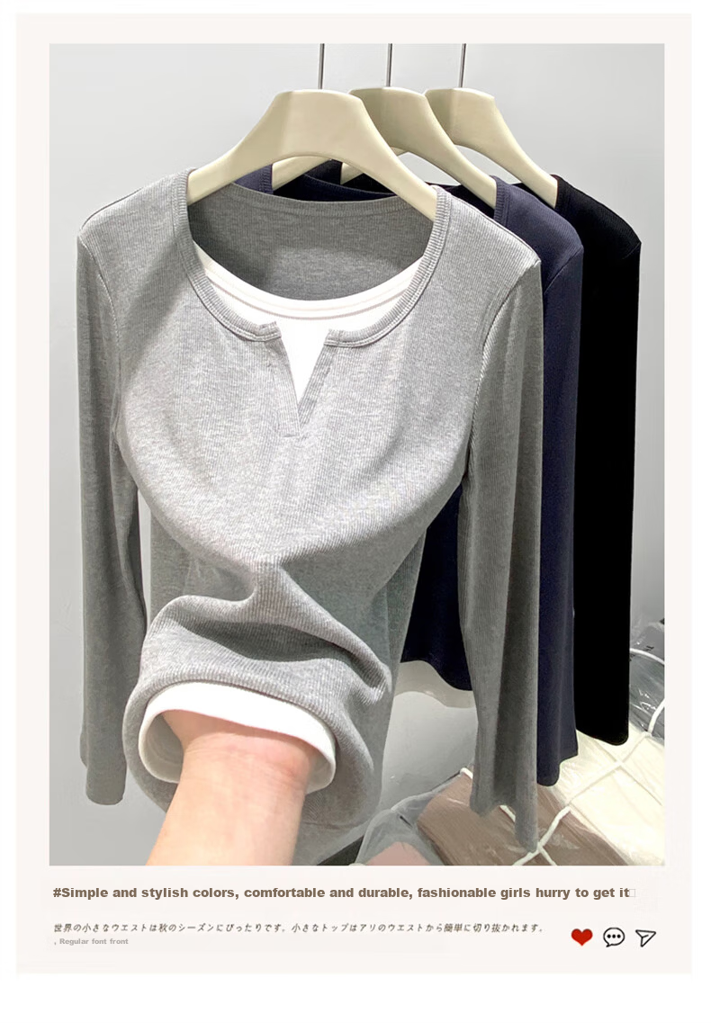 Langsha Women's Faux Two-Piece V-Neck Slim Fit Shoulder T-Shirt Spring Autumn 2026 New Design Small Brand Base Layer Top 3