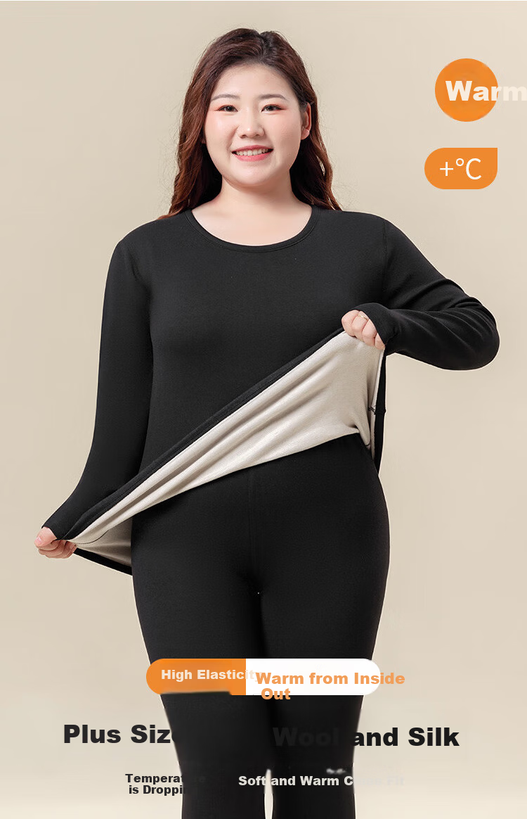 LangSha Plus Size Thermal Underwear Women Wool Silk 10A Antibacterial Mite-Resistant Large Size Autumn Top and Bottom Set for Plus-Size Women 1