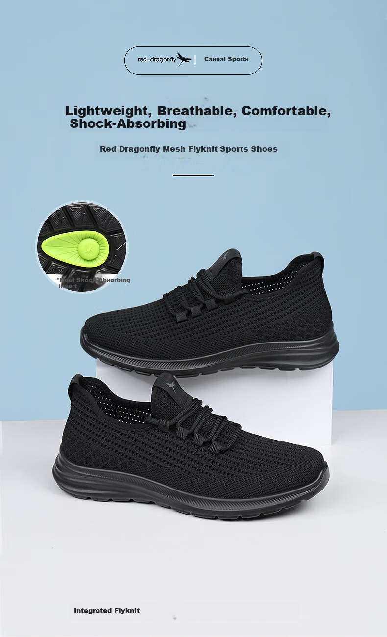 Red Dragonfly Men's Flyknit Mesh Shoes Breathable Soft Sole Durable Lace-up Walking Casual Shoes WXA150181 Black Size 40 1