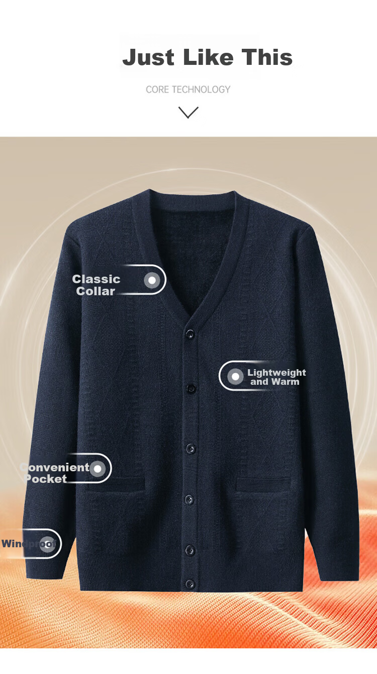 Hengyuanxiang Men's Knitted Cardigan Jacket Autumn Winter Middle-aged Solid Color Long Sleeve V-neck Button Sweater Light Camel L 17