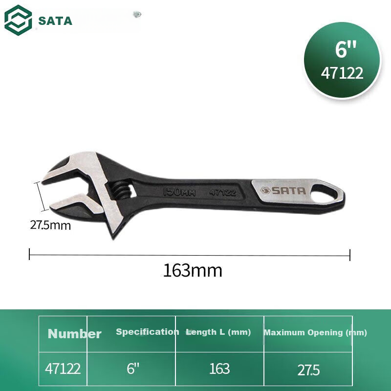 SATA Adjustable Wrench Industrial Grade Chrome Vanadium Steel Large Opening 6" 47122