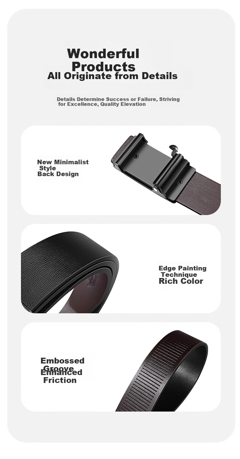 Biyoumei Men's Leather Ratchet Belt, Toothless Automatic Buckle, Pure Cowhide, Business Casual Elastic Waist Belt, Black 120cm 6