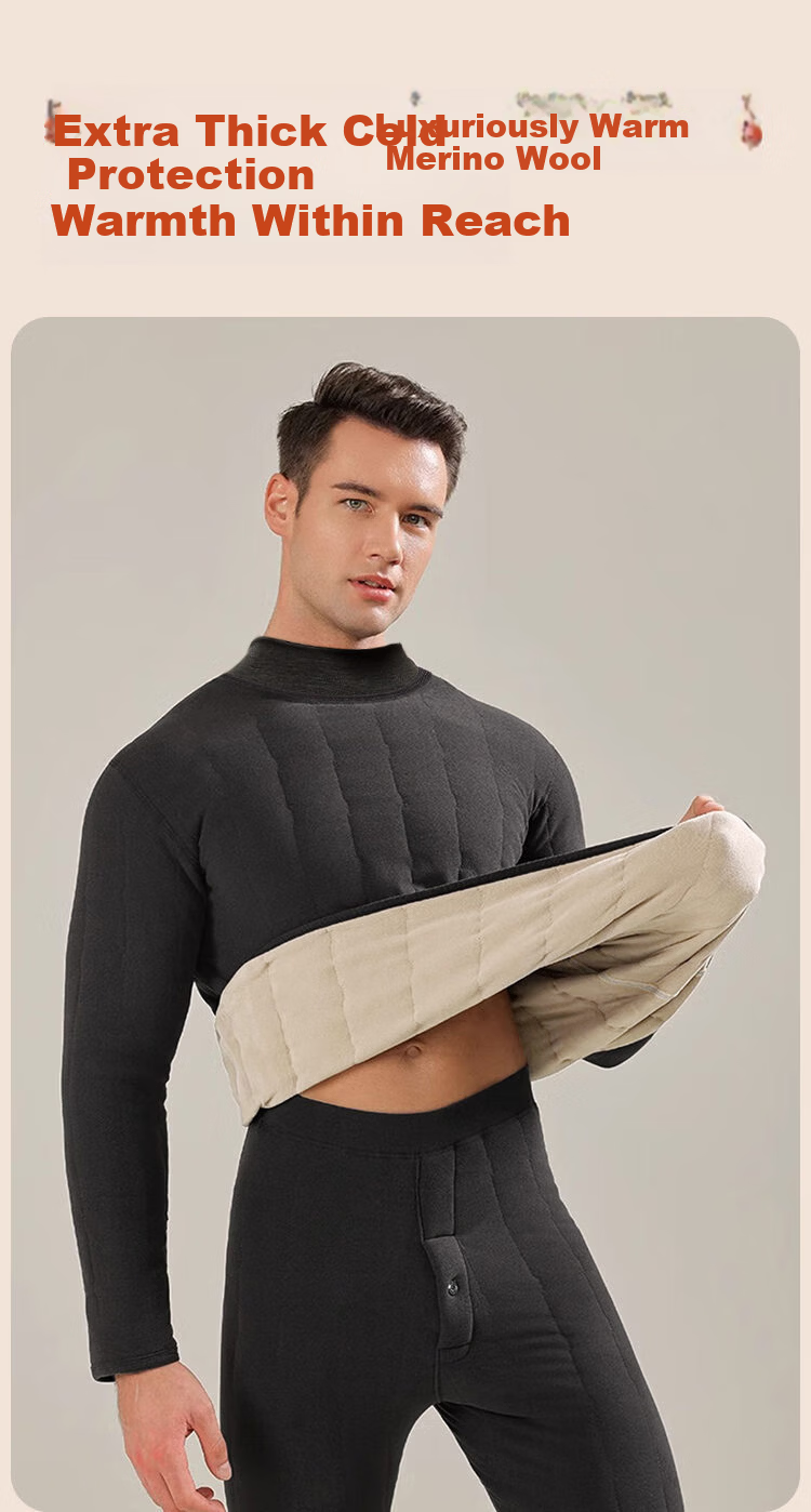 LangSha Thermal Underwear Extra Thick Plus Size Fleece-Lined Men's Wool Cold-Resistant Mid-Neck Thickened Warm Autumn Shirt and Pants Set Winter 8