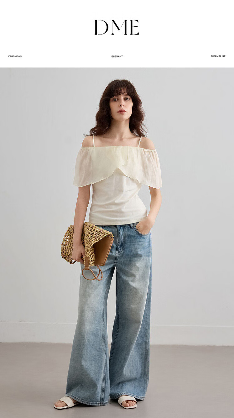 Demana [with Lyocell] Summer Sweet Style Patchwork Ruffle Spaghetti Strap Sleeveless Slim Fit Elegant Slimming Women's T-Shirt 1