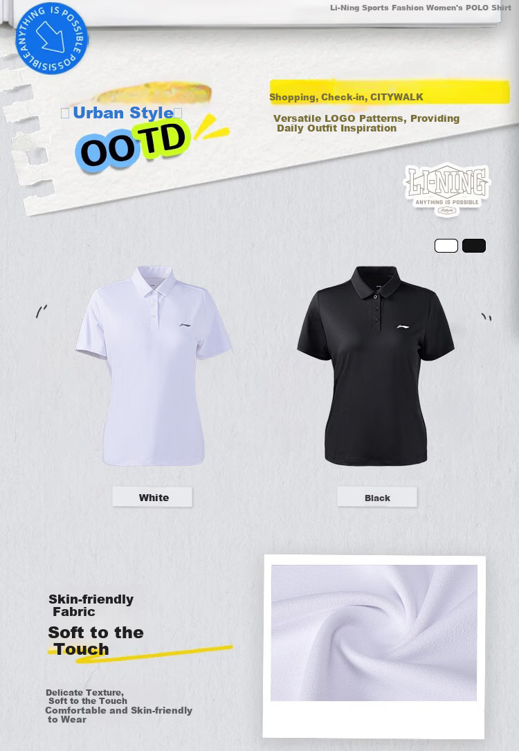 LI-NING Women's Summer Sports T-Shirt Fashion Casual Breathable Comfortable Polo Collar Short Sleeve Top 3