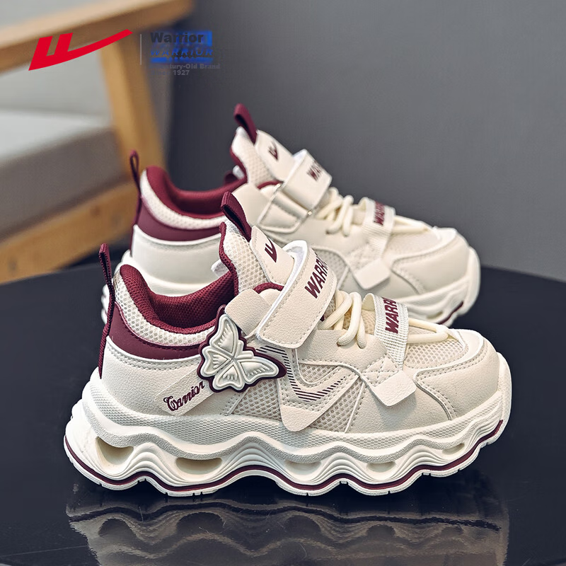 Warrior Kids Girls Spring Autumn Breathable Mesh Sports Sneakers Dad Shoes WZ-1513 Beige/Burgundy Size 27