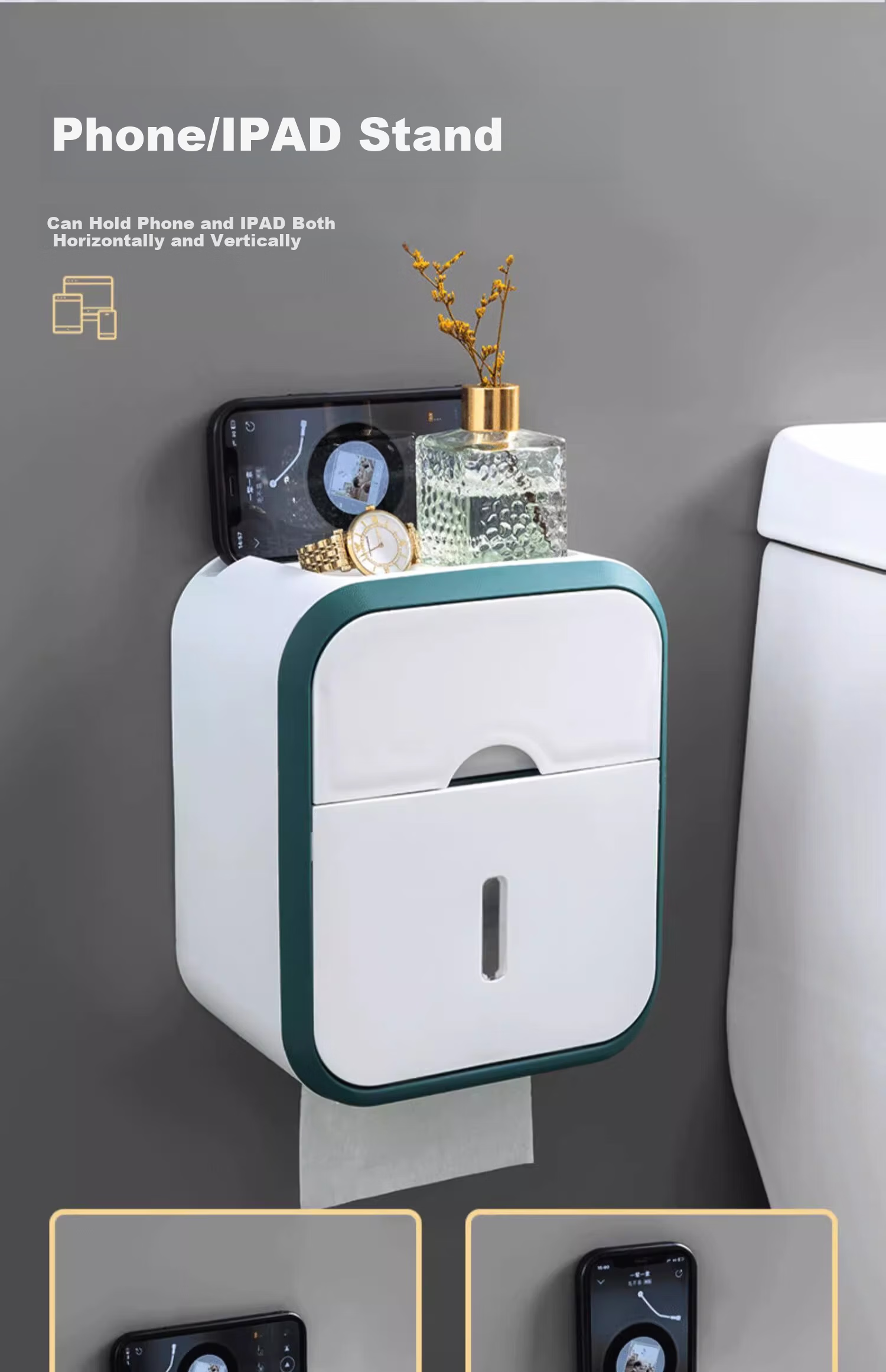 Muya Wall-Mounted Waterproof Toilet Paper Holder No-Drill Tissue Box Bathroom Storage Rack 3