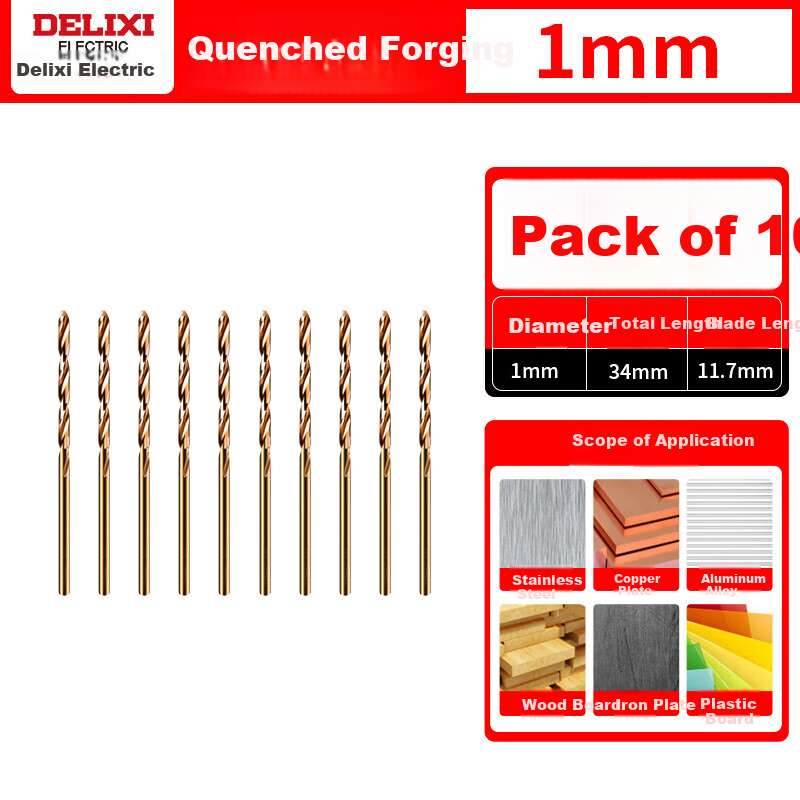 DELIXI ELECTRIC High Hardness Twist Drill Bit Stainless Steel Alloy Steel High-Speed Steel Drilling DLX-042 [1.0mm]