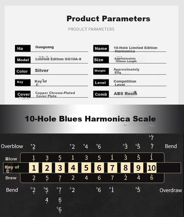 Guoguang 10-Hole Collector's Edition Blues Imported Reed Harmonica (Silver, Copper Reed Plates, Glasses Case) 3