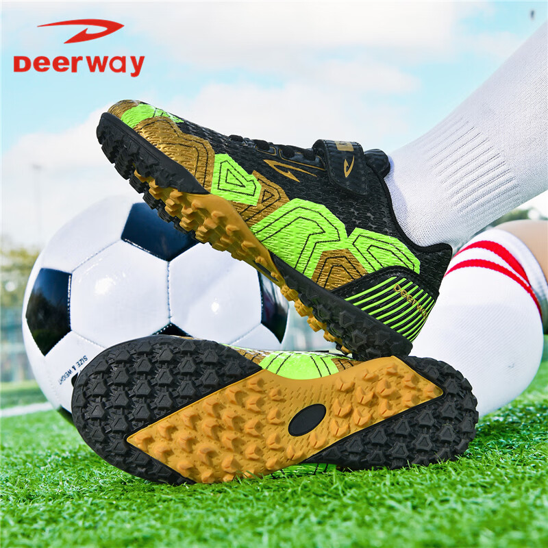 DEERWAY TF Studded Kids Soccer Shoes Boys Girls 6-12 Years Breathable Cushioning Training Match Shoes Black Yellow Size 36