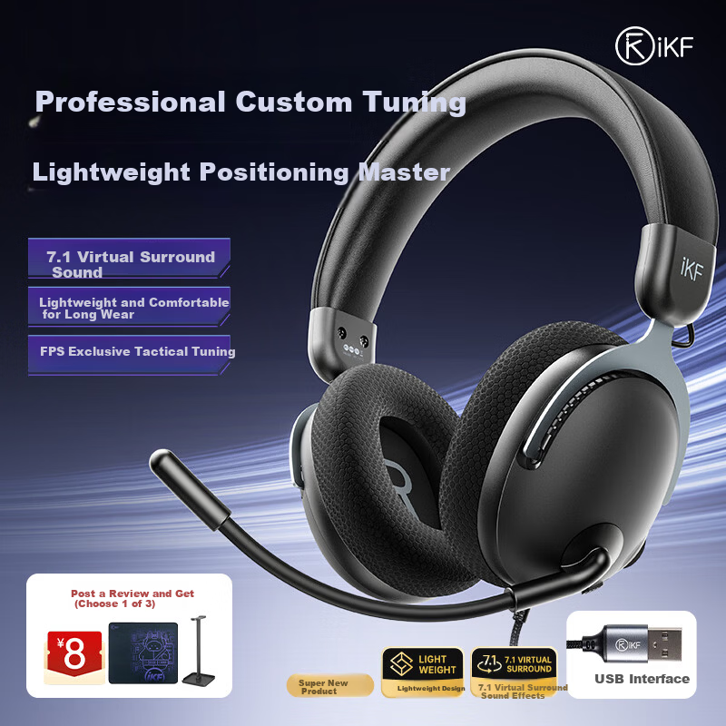 IKF V12 USB Sound Card Edition Gaming Headset Over-Ear Esports Headphones Wired FPS Exclusive Tuning 7.1 Surround Sound Microphone Valorant Delta Black Gray