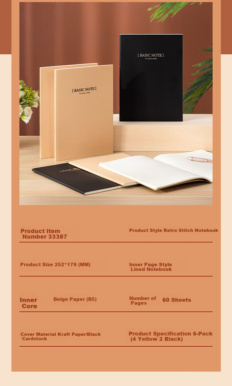 Deli 6 B5/40 Sheets Kraft Paper Stitched Soft Notebook/Office Journal/Diary Stationery Notebook Student Notebook P033459 14