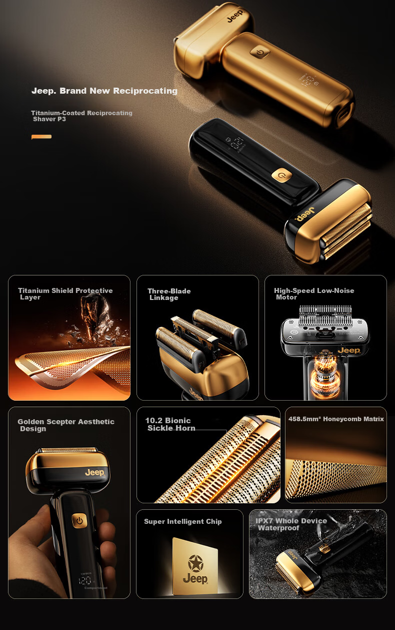 JEEP Electric Shaver Titanium-Coated Reciprocating Smooth Gear Golden Scepter Small Hammer Razor Fast Charging Head Fully Washable Gift for Dad Boyfriend Husband P3 Silver 4