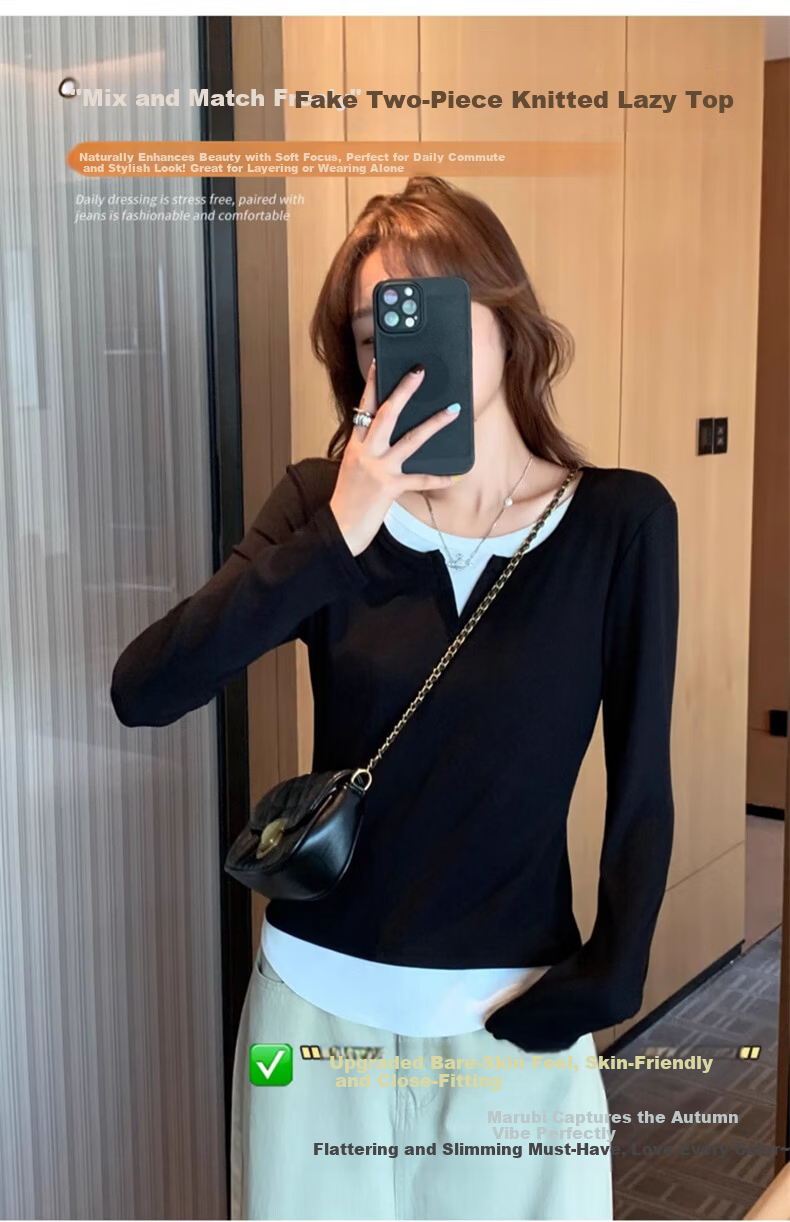 Langsha Women's Faux Two-Piece V-Neck Slim Fit Shoulder T-Shirt Spring Autumn 2026 New Design Small Brand Base Layer Top 5