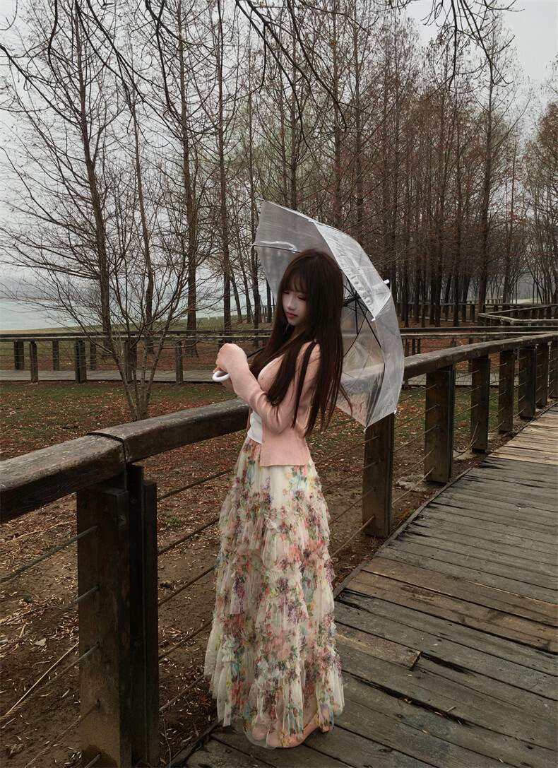 Langsha Floral Mesh Half Skirt Women 2026 New Irregular A-Line High Waist Slim Sweet Mid-Length Puffy Cake Skirt 11