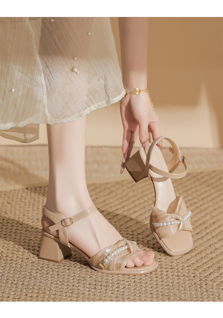 ZHR Women's Chunky Heel Sandals Summer 2026 New High Heels French Style Pearl Dress Shoes JF595 Beige Size 38 18