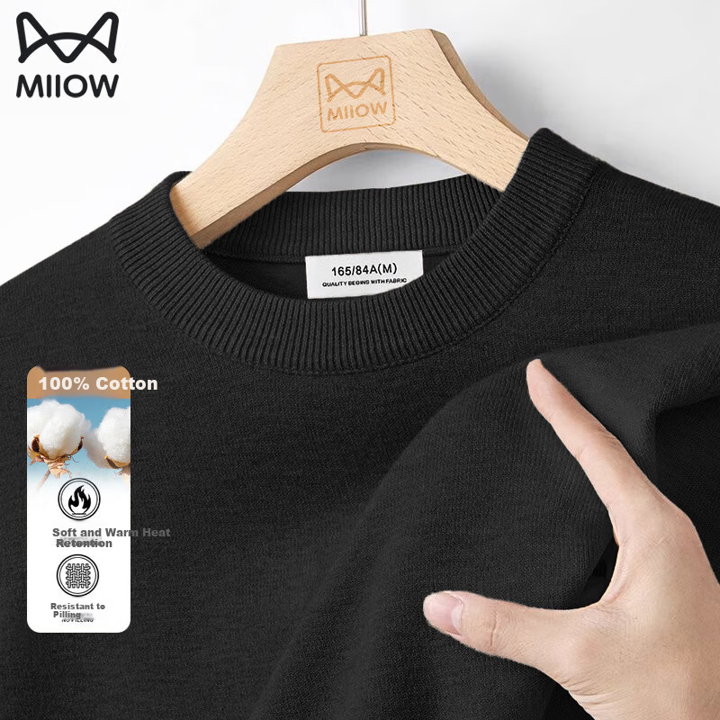 Miiow Men's Crew Neck Sweater Autumn Winter Casual Versatile Non-Wool Knitwear Business Pure Cotton Warm Base Layer Shirt
