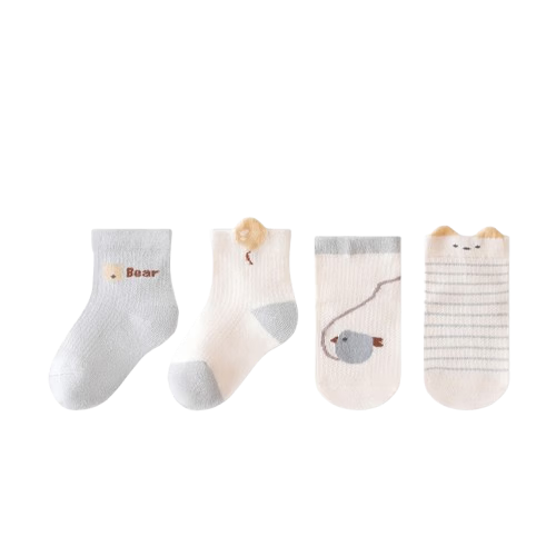 Five Cotton 4-Pair Children's Socks Spring Summer Mesh Thin Baby Socks Cartoon Combed Cotton Boys Girls Socks