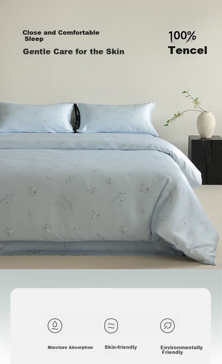 Inward Journey 60s Lenzing Tencel Four-Piece Summer Bedding Set Cooling Bed Sheet with Butterfly Bow Rabbit Design for 1.2m Bed 2