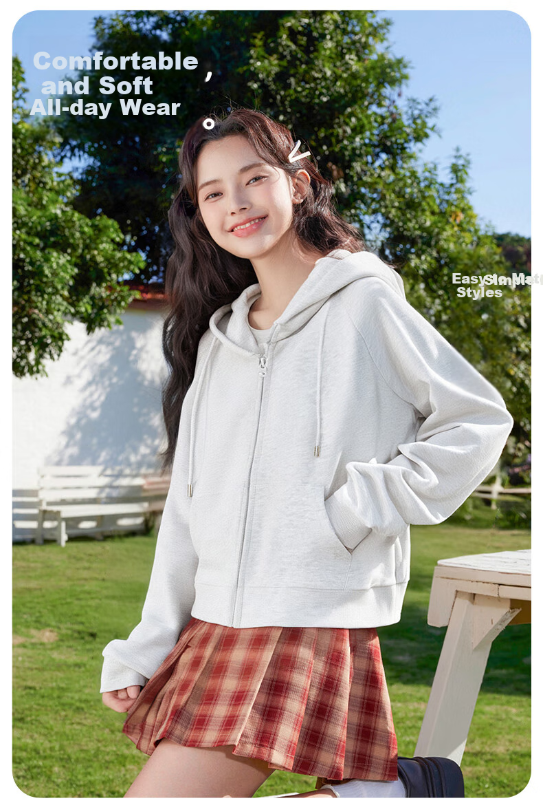 Baleno Women's Short Hooded Zip-Up Sweatshirt Jacket 2025 Spring Autumn New Petite Casual Lazy Style Hoodie 2