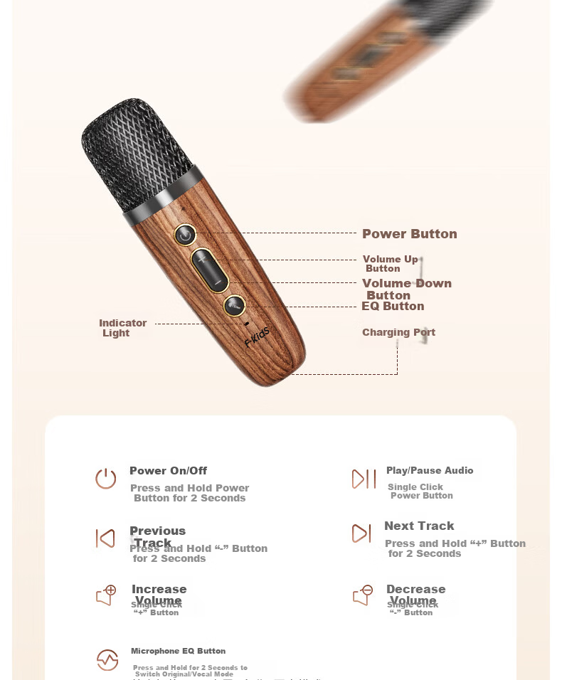 IKF M1 Wireless Karaoke Microphone Speaker All-in-One Home KTV Outdoor Bluetooth Speaker Wood Grain Brown 18