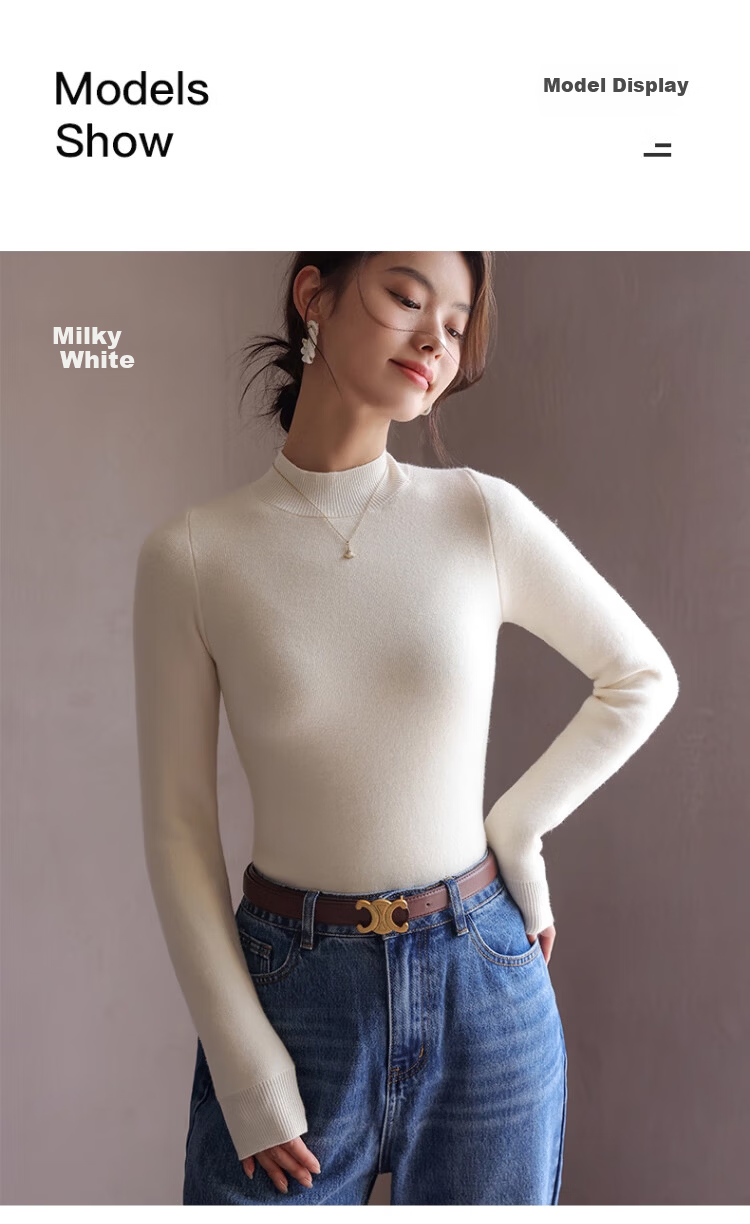 Caiyue Women's Knitted Thermal Fleece-Lined Half Turtleneck Sweater Autumn Winter Thick Warm Pullover 13