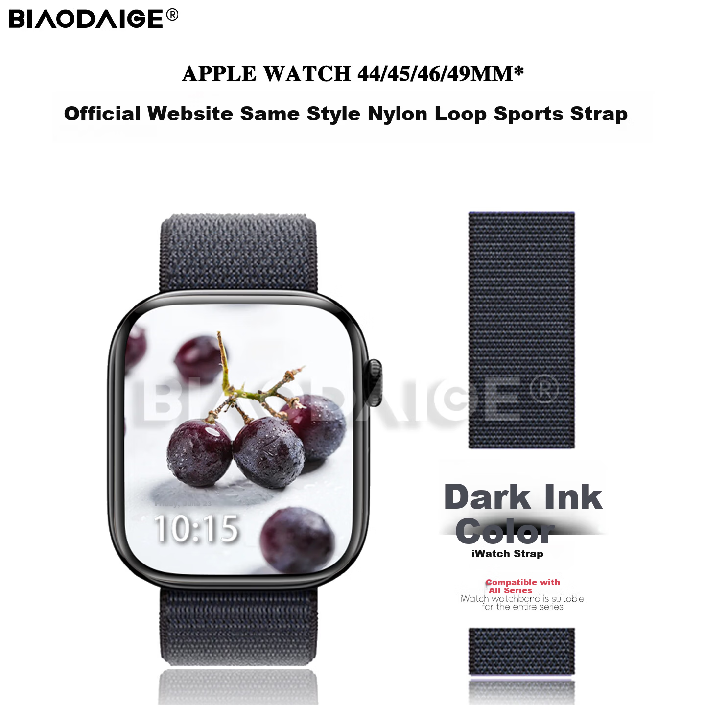Biaodai Ge Nylon Loop Sport Band for Apple Watch Series 1/3/7/8/9/10/11/SE/Ultra 2 - Ink Black