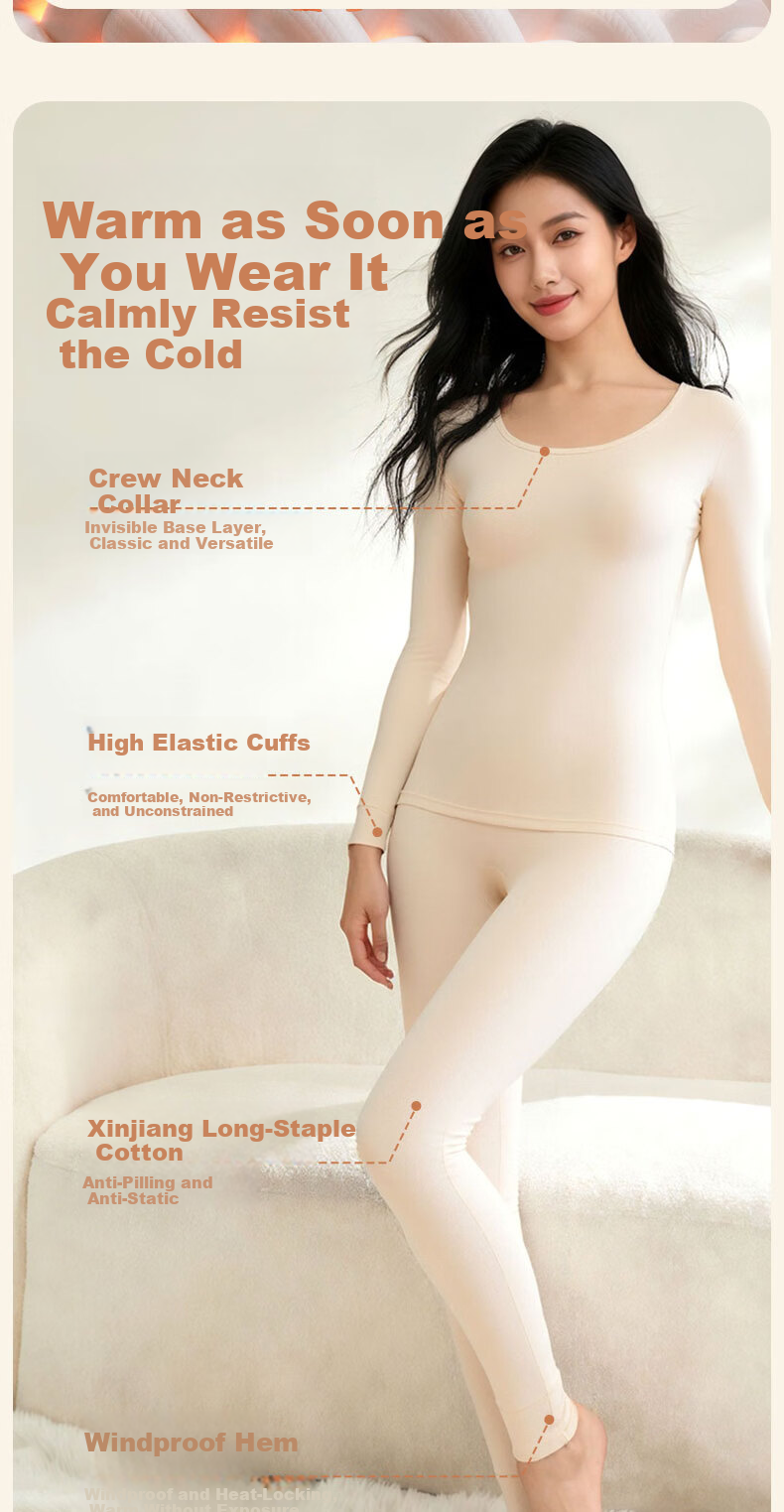 GUJIN Autumn Winter Thermal Underwear Women 100% Cotton Mid-High Neck Seamless Anti-Static Base Layer Set (Top and Bottom) 6
