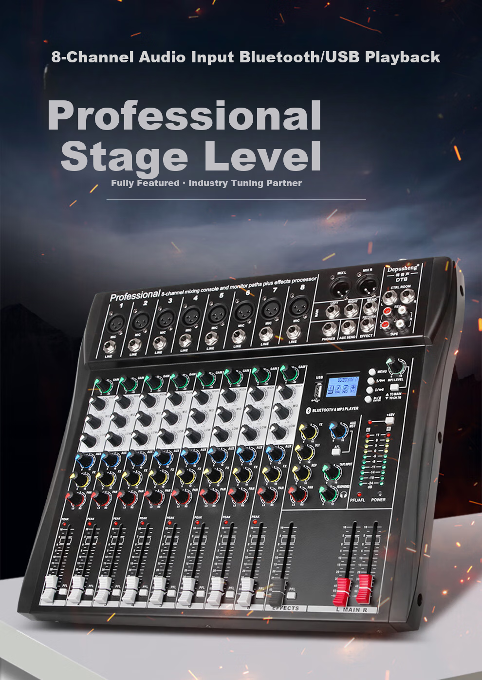 Depusheng DT8 Professional 8-Channel Mixer Stage Performance Video Conference Training Recording Live Singing Reverb USB Bluetooth MP3 Playback Multi-Channel Control Outdoor with Effects Equalizer 1