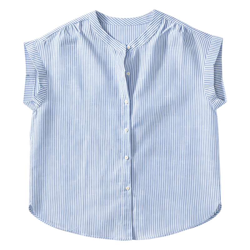 ENC Japanese Style Flutter Sleeve Shirt Summer Girl Fresh Short Sleeve Blue Striped Lazy Feel Shirt Design Top
