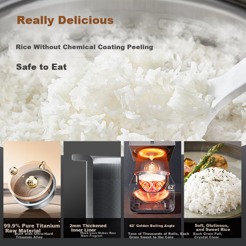 Kambach Rice Cooker 0 Coating Pure Titanium Inner Pot IH Induction Heating Smart Rice Cooker Baby Grade Multifunctional Household 2-8 People Non-Stick High Power Pro Star Gold 3L
