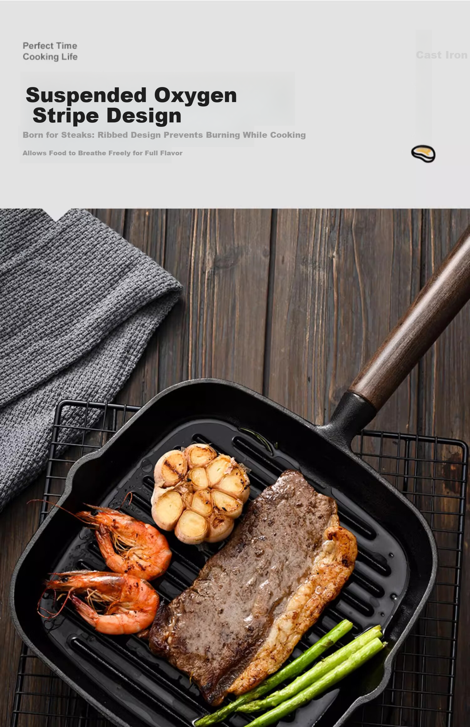 PAKCHOICE Steak Frying Pan Breakfast Cast Iron Skillet Non-Coated Flat Pan 23cm Compatible with Gas Stove and Induction Cooker 7