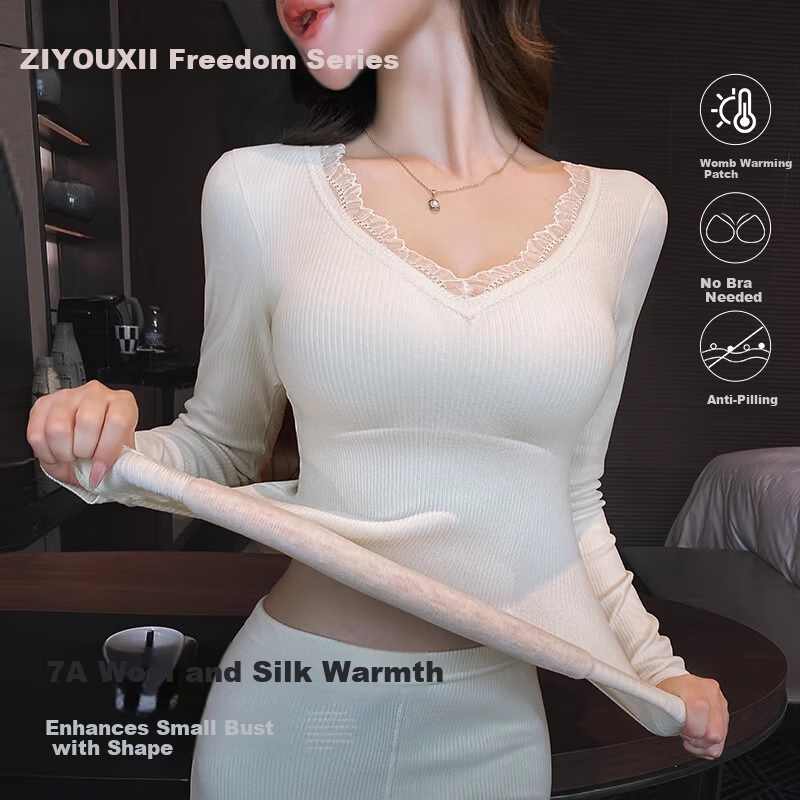 Ziyouxi Women's Thermal Underwear 7A Antibacterial Cashmere Silk Autumn Shirt with Chest Pad Fleece-Lined Warm Palace Patch Base Layer for Autumn and Winter