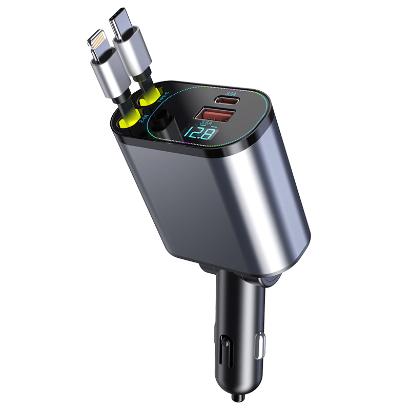 Huangchi Car Charger Super Fast Charging 4-in-1 Retractable Cable Cigarette Lighter Multi-Function Converter Compatible with Huawei, Apple 16/17, Android