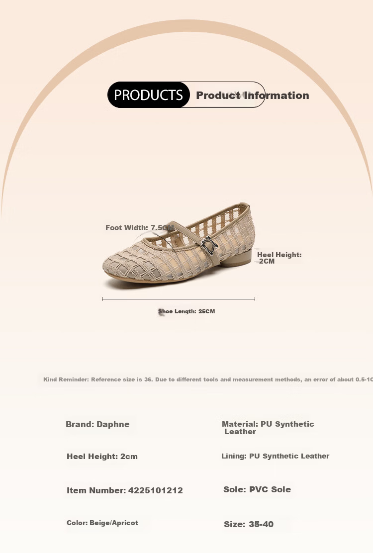 DAPHNE Women's Beige Mesh Breathable Hollow-out Mary Jane Flats 2025 Summer, Size 39 2