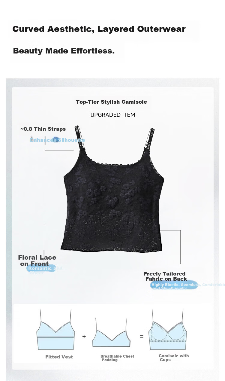Herbal Original Color Women's Camisole with Chest Pad, Bra-Free, Summer Versatile Sexy Lace Outerwear and Inner Layering Tank Top 5