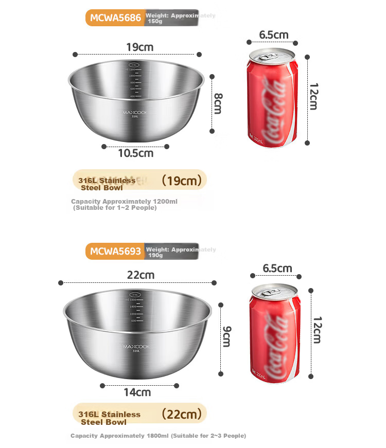 MAXCOOK 316L Stainless Steel Bowl Thickened 16cm Seasoning Bowl Vegetable Washing Bowl Salad Bowl Dough Mixing Bowl MCWA2474 12