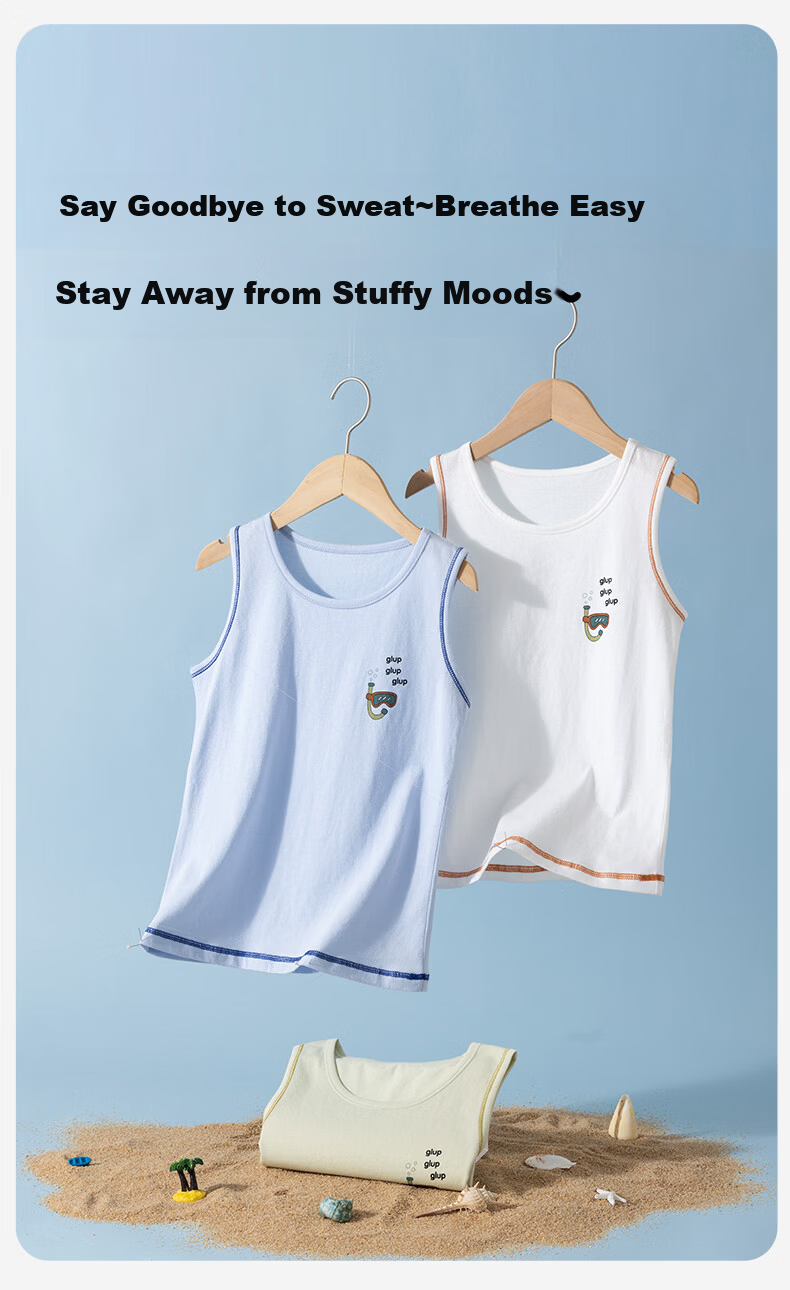 Dingguagua Boys' Cotton Breathable Vest 2-Pack Sleeveless Undershirts Belly Protection Spring Autumn White+Blue 160 3