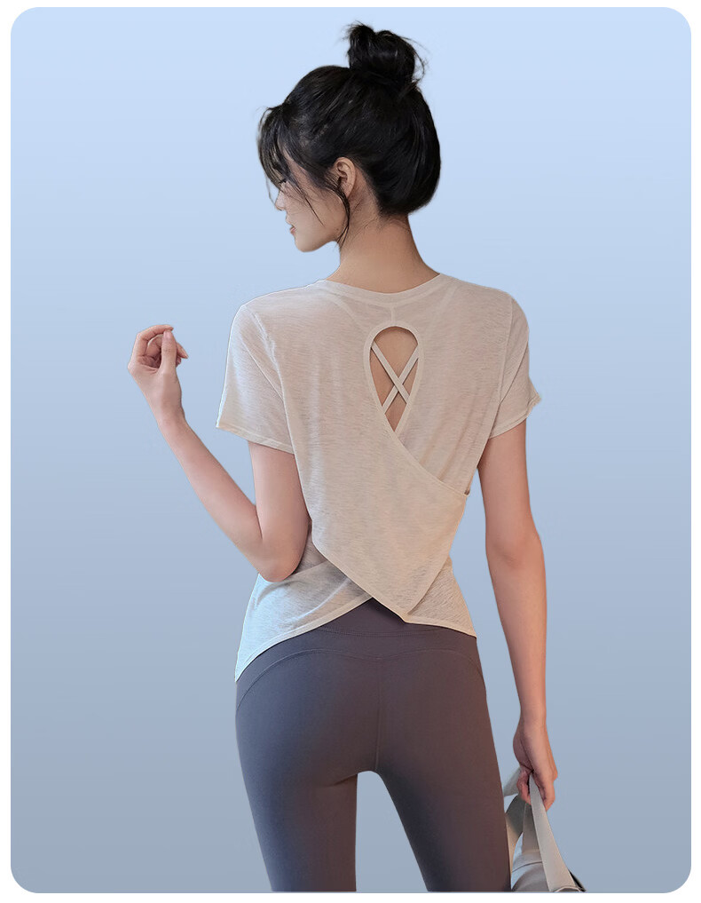 Langsha Women's Fitness Yoga Shirt Summer Running Sports Short Sleeve Loose Quick-Dry Breathable Pilates Training Backless Top 17