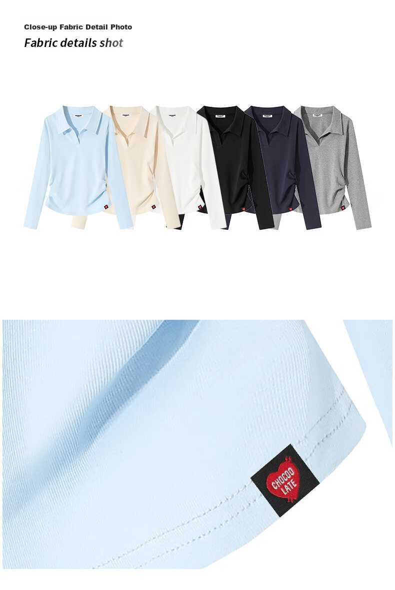 :CHOCOOLATE IT Lapel Shoulder Long Sleeve T-Shirt Women Short Pleated Waist Summer New Base Shirt Top White L 1