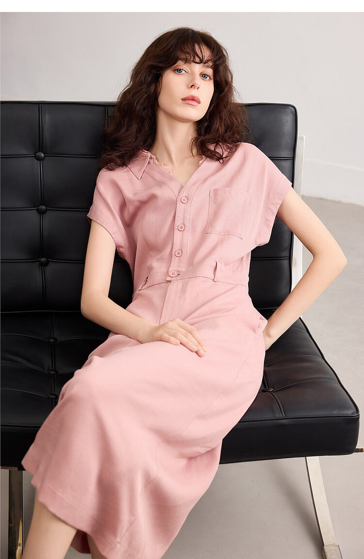 Demana Summer Elegant Lace Splice V-Neck Waist-Slimming Slit Mid-Length Dress with Natural Linen 16