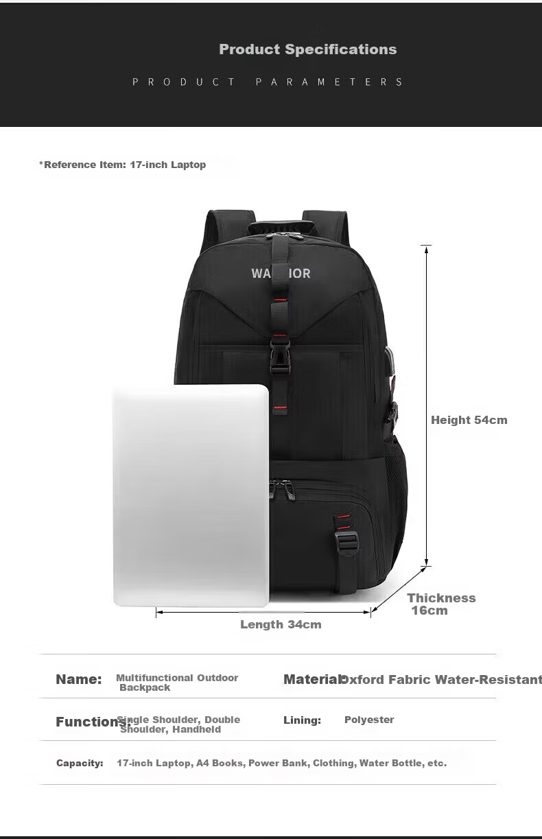 Warrior Men's Backpack Travel Business Double Shoulder Bag 90L Large Capacity School Bag Outdoor Hiking Lightweight Luggage Bag 5