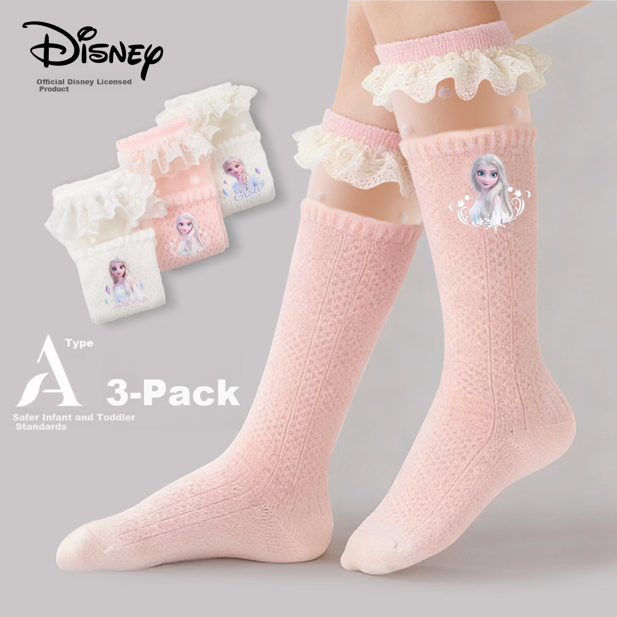 Disney Girls' Summer Thin Lace Mesh Knee-High Socks DSP3585 Elsa 3 Pairs 16-18cm