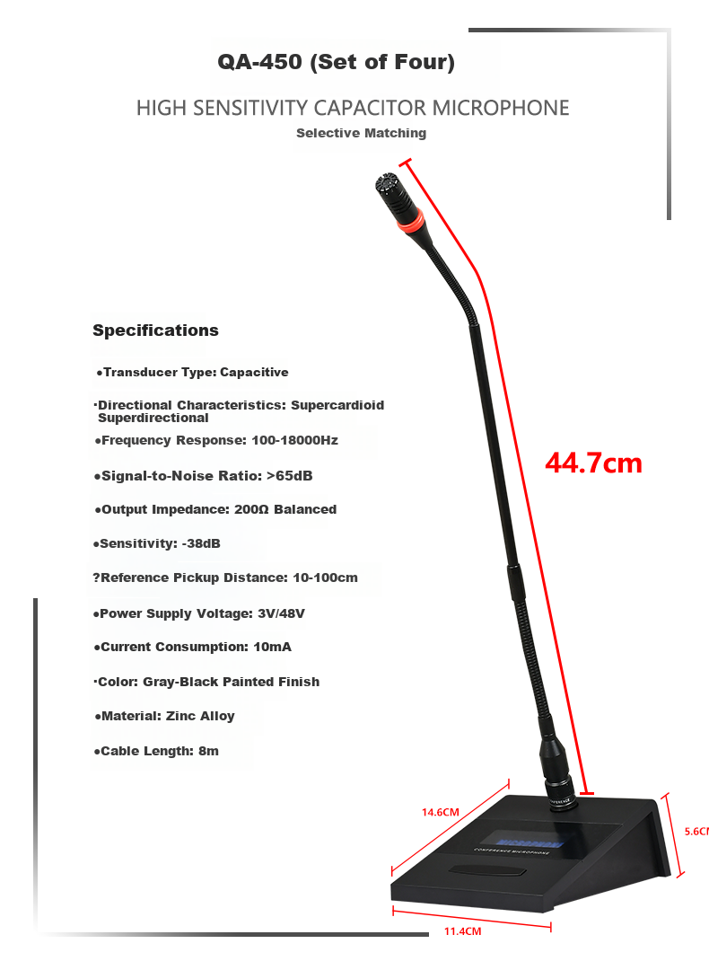 Shuledi QA-450 Domestic Wired Conference Room Microphone, Mic for Mixer Amplifier Computer Speaker High Configuration, Single Square Tube 3V-48V Power Supply with 10-Meter Cable 9