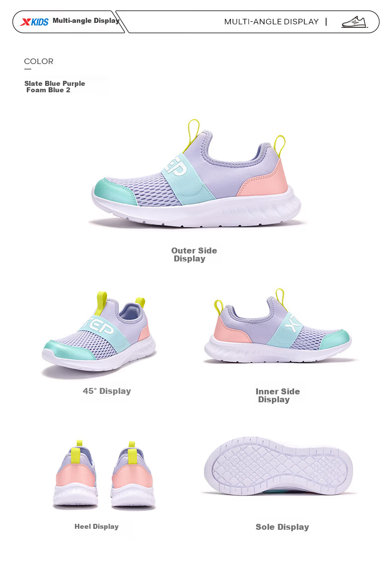 XTEP Children's Shoes, Girls' Sneakers for Older Kids, Breathable Mesh Slip-On Running Shoes, Snow Purple/Foam Blue 2, Size 39 15