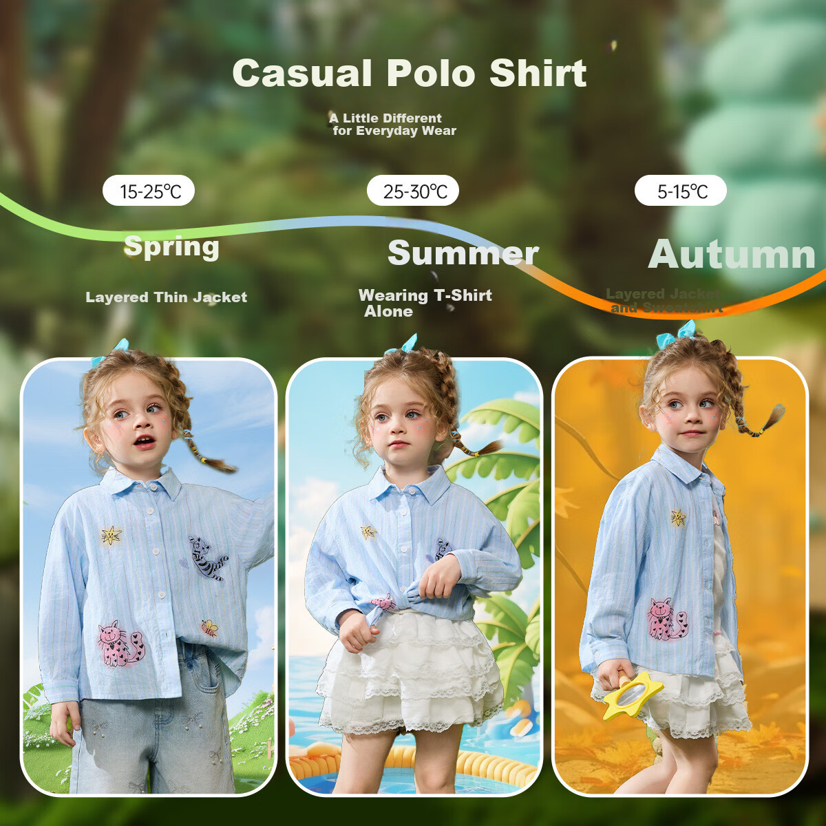 ASK JUNIOR Baby Shirt 26 Spring Girls' Polo Collar Striped Long Sleeve Shirt Jacket Cute Printed Soft Skin-Friendly Top 7