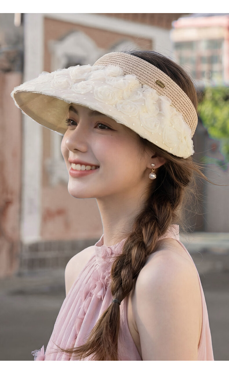 CACUSS Large Brim Shell Open-Top Hat for Women Summer Outdoor Face-Slimming Sun Hat Vacation Style White 11