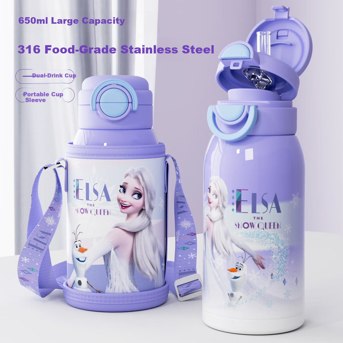 Disney Kids Insulated 316 Stainless Steel Straw Water Bottle Kindergarten Primary School Double Drinking Cup Elsa Princess